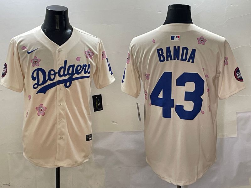 Men Los Angeles Dodgers #43 Banda Cream White Blue Sakura Edition 2025 Nike MLB Jersey style 9